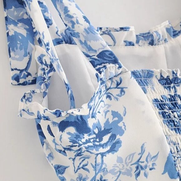 Blue Toile Floral Ruffle Midi Dress by Manu Reformation Nikita Olympia Size 10 - Picture 9 of 16